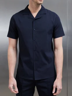Seersucker Revere Collar Shirt - Navy