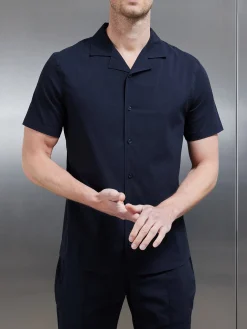 Seersucker Revere Collar Shirt - Navy