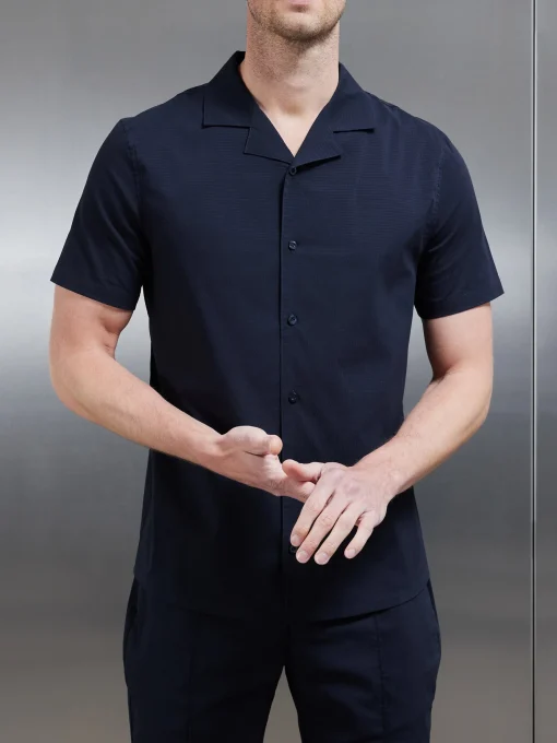 Seersucker Revere Collar Shirt - Navy