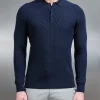 Square Textured Long Sleeve Button Polo Shirt - Navy