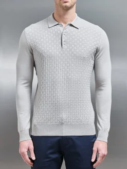 Square Textured Long Sleeve Button Polo Shirt - Stone
