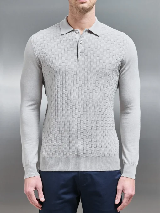 Square Textured Long Sleeve Button Polo Shirt - Stone
