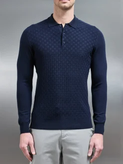 Square Textured Long Sleeve Button Polo Shirt - Navy