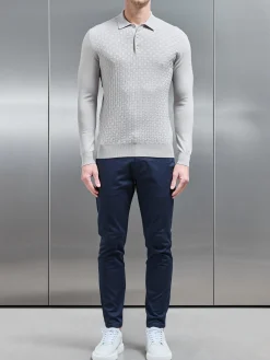 Square Textured Long Sleeve Button Polo Shirt - Stone