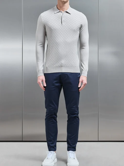 Square Textured Long Sleeve Button Polo Shirt - Stone