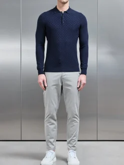 Square Textured Long Sleeve Button Polo Shirt - Navy