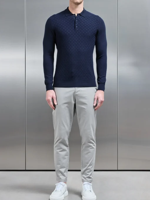 Square Textured Long Sleeve Button Polo Shirt - Navy