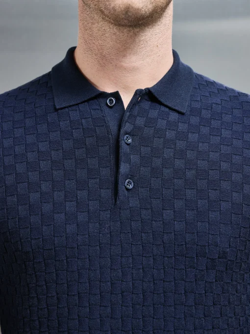 Square Textured Long Sleeve Button Polo Shirt - Navy