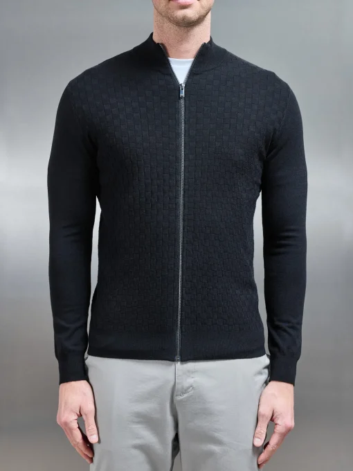 Square Textured Zip Through Jacket - Black