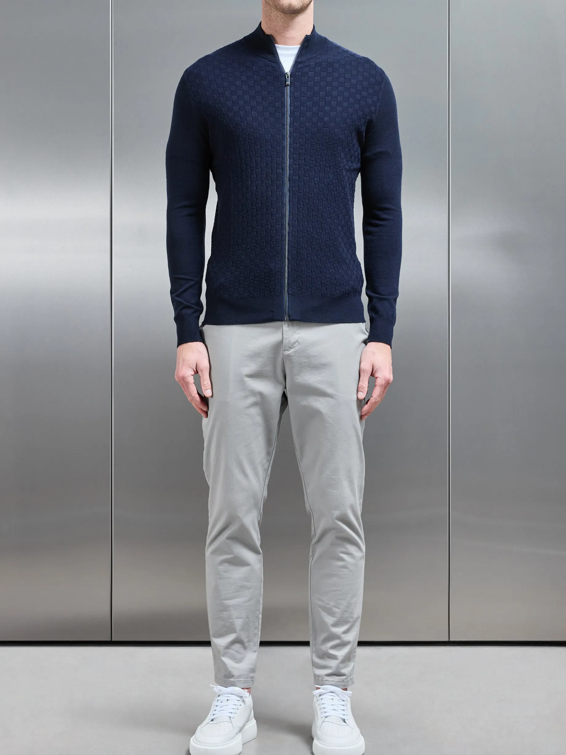 Square Textured Zip Through Jacket - Navy