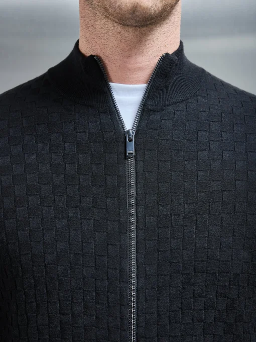 Square Textured Zip Through Jacket - Black
