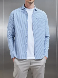 Stripe Long Sleeve Cutaway Collar Shirt - Blue