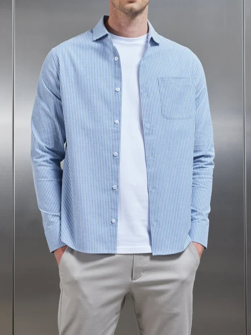 Stripe Long Sleeve Cutaway Collar Shirt - Blue