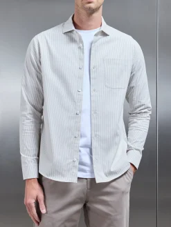 Stripe Long Sleeve Cutaway Collar Shirt - Stone