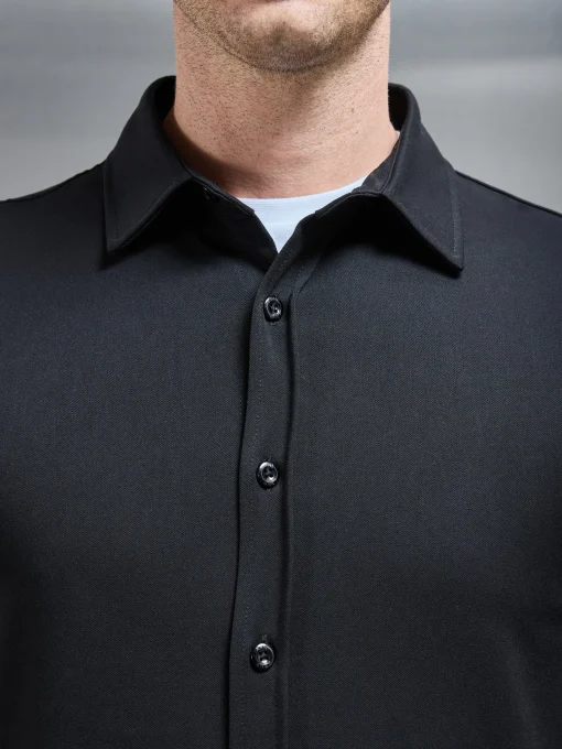Textured Button Through Shirt - Black