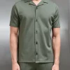 Textured Interlock Revere Collar Shirt - Olive