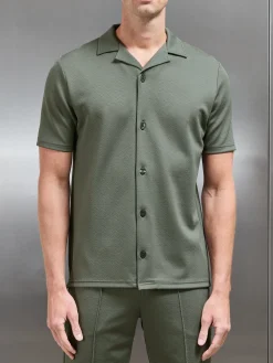 Textured Interlock Revere Collar Shirt - Olive
