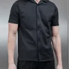 Textured Interlock Revere Collar Shirt - Black