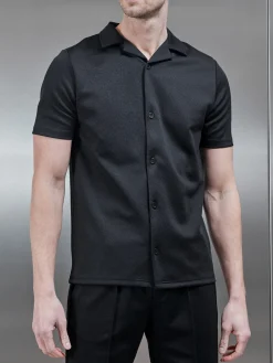 Textured Interlock Revere Collar Shirt - Black
