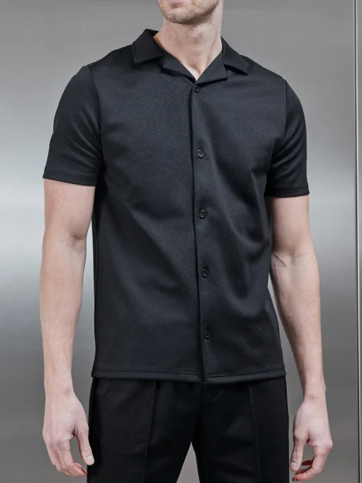 Textured Interlock Revere Collar Shirt - Black