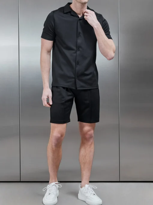 Textured Interlock Revere Collar Shirt - Black
