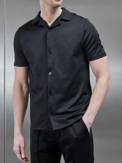 Textured Interlock Revere Collar Shirt - Black