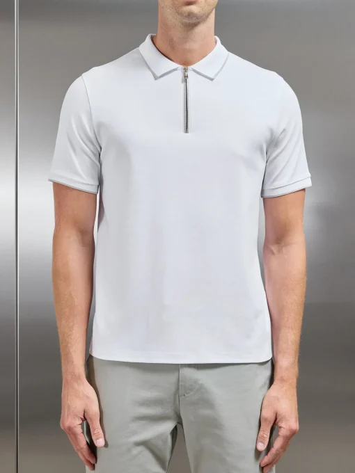 Tipped Mercerised Interlock Zip Polo Shirt - White