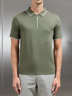 Tipped Mercerised Interlock Zip Polo Shirt - Sage