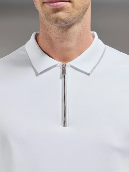 Tipped Mercerised Interlock Zip Polo Shirt - White