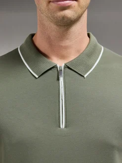 Tipped Mercerised Interlock Zip Polo Shirt - Sage