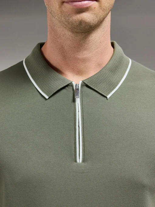 Tipped Mercerised Interlock Zip Polo Shirt - Sage