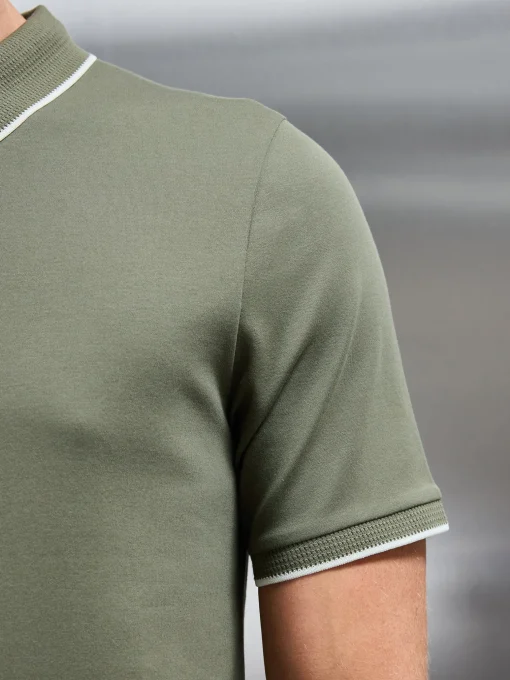 Tipped Mercerised Interlock Zip Polo Shirt - Sage