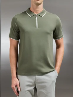 Tipped Mercerised Interlock Zip Polo Shirt - Sage