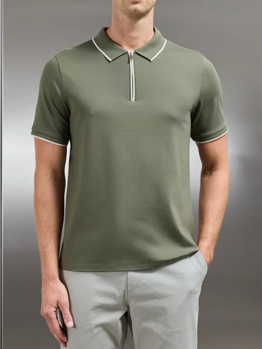Tipped Mercerised Interlock Zip Polo Shirt - Sage