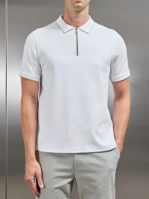 Tipped Mercerised Interlock Zip Polo Shirt - White