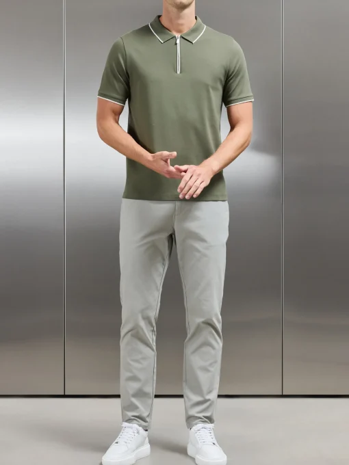 Tipped Mercerised Interlock Zip Polo Shirt - Sage