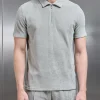 Towelling Zip Polo Shirt - Stone