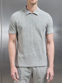 Towelling Zip Polo Shirt - Stone