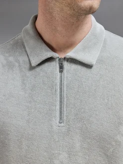 Towelling Zip Polo Shirt - Stone