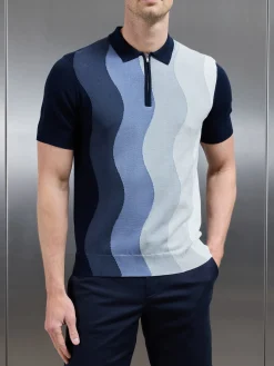 Wave Knitted Zip Polo Shirt - Navy