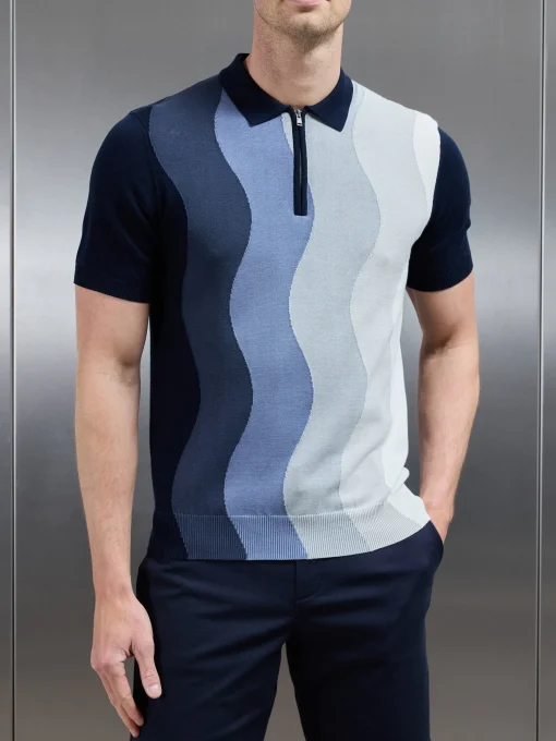 Wave Knitted Zip Polo Shirt - Navy