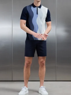 Wave Knitted Zip Polo Shirt - Navy