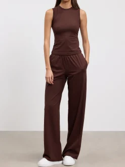 Womens Cotton Modal Wide Leg Pull On Trouser - Brown
