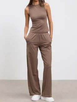 Womens Cotton Modal Wide Leg Pull On Trouser - Taupe