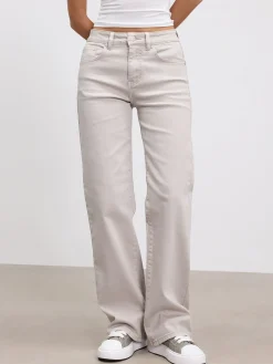 Womens Mid Rise Straight Denim Jean - Beige
