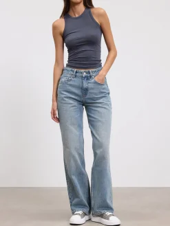 Womens Mid Rise Straight Denim Jean - Mid Blue