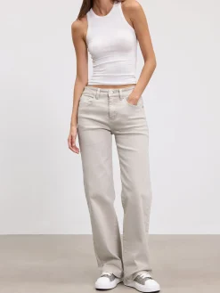 Womens Mid Rise Straight Denim Jean - Beige