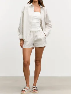 Womens Pull On Stripe Cotton Short - Stone