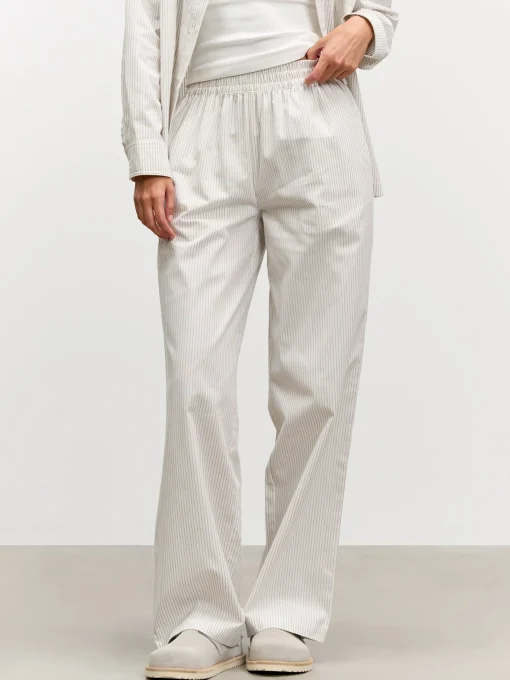 Womens Pull On Stripe Cotton Trouser - Stone