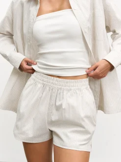 Womens Pull On Stripe Cotton Short - Stone